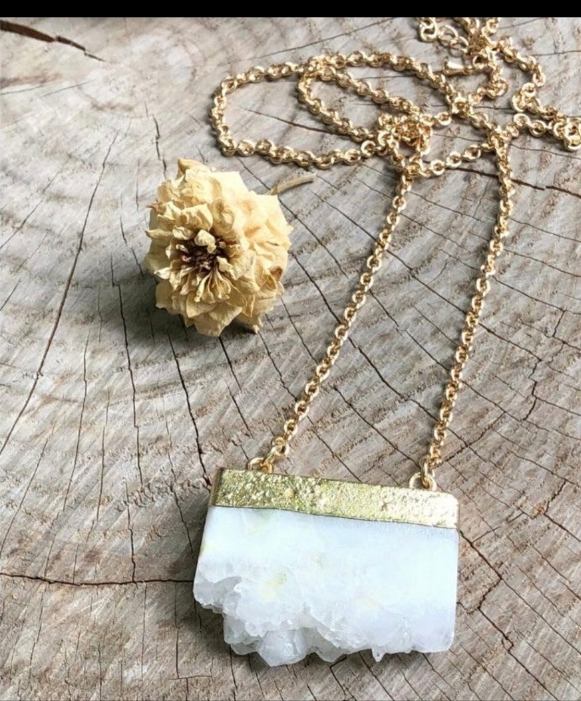 24" Gold Tone Druzy White Quartz Slab Necklace